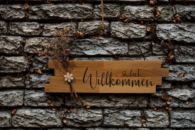 Türschild „Herzlich Willkommen“ aus Parkettdielen